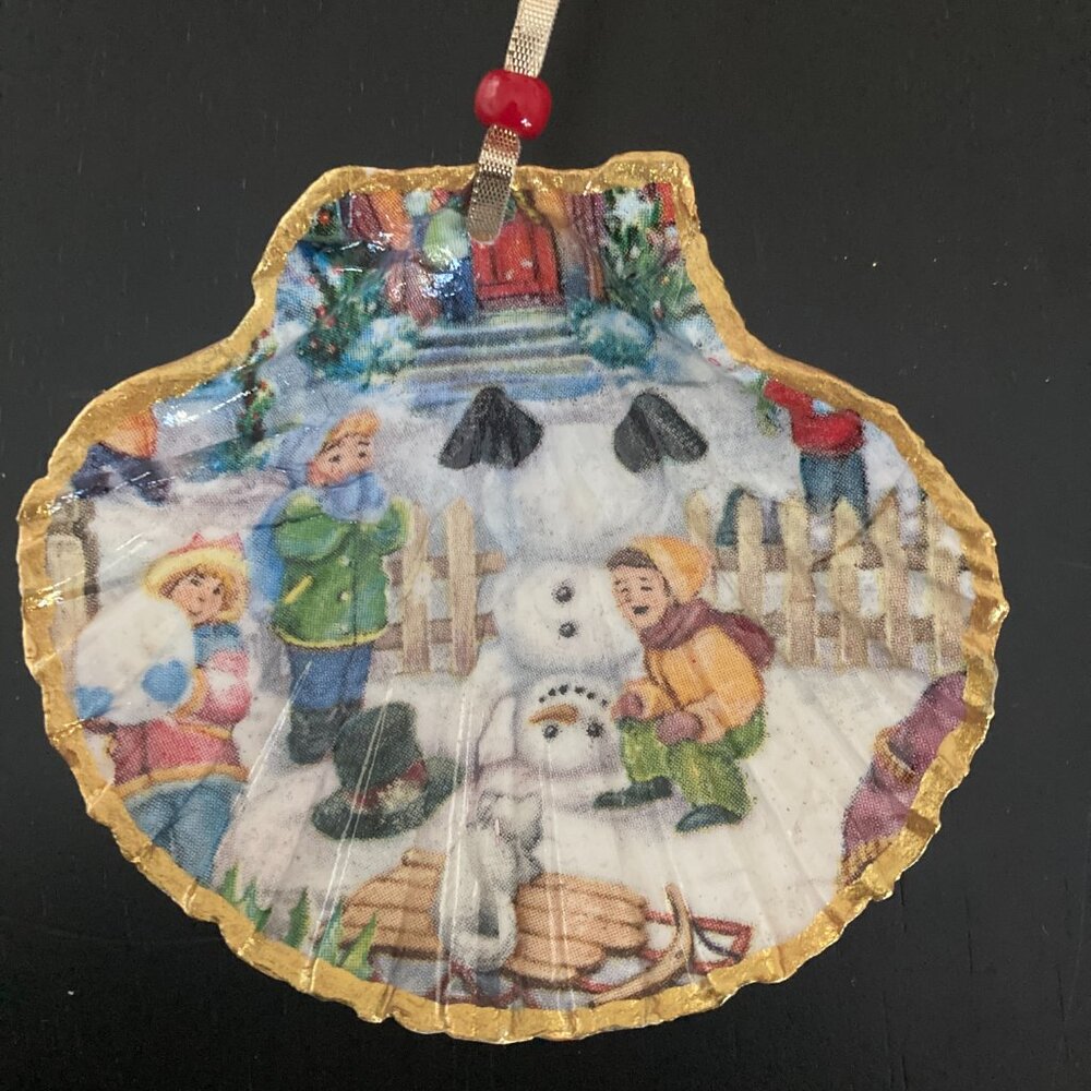 Handmade Snowman Christmas Ornament - Decoupaged Scallop Shell